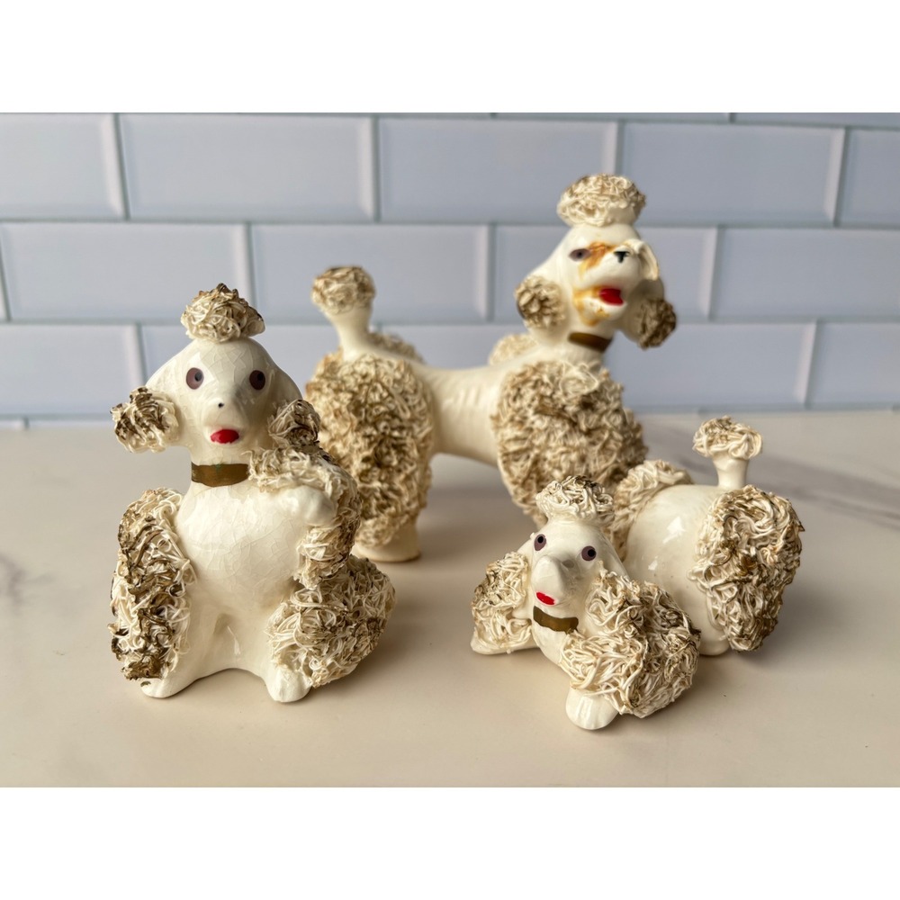 Vintage Thames‎ Japan Spaghetti Poodle Figurine Set of 3 White Gold Mid Century